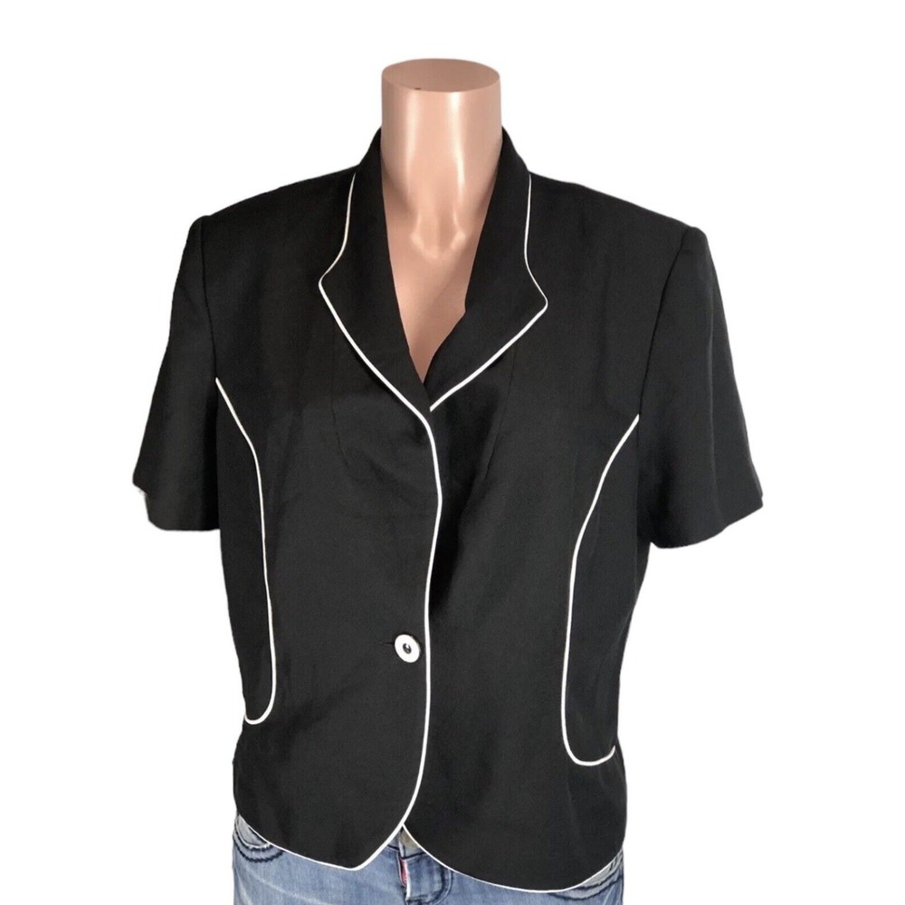 Perceptions Womens Blazer Jacket Sz  16 Black Button-Up Short Sleeve - Picture 2 of 8